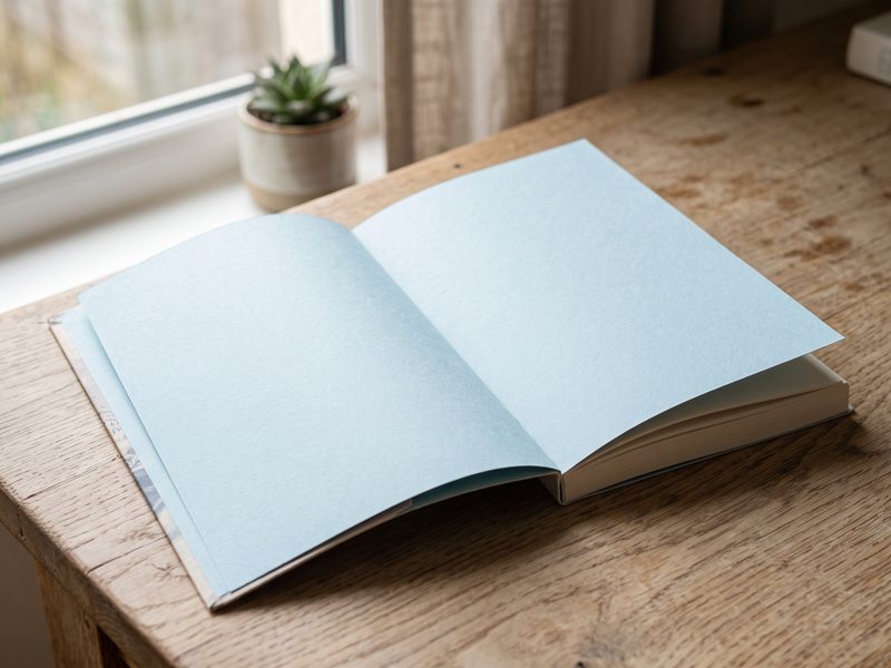 表紙を開くと、表紙の内側に貼ったきき紙と、めくれる遊び紙が水色の色上質紙になっている無線綴じの冊子(見返し)